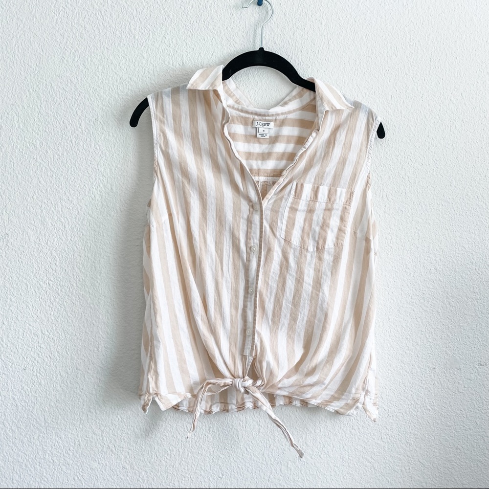 J. Crew White and Cream Pinstripe Tie Top - Size M
